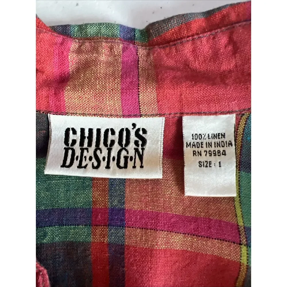Chico's Women's 1 medium Button Down Long Sleeve Plaid 100% Linen Shirt - Picture 7 of 9